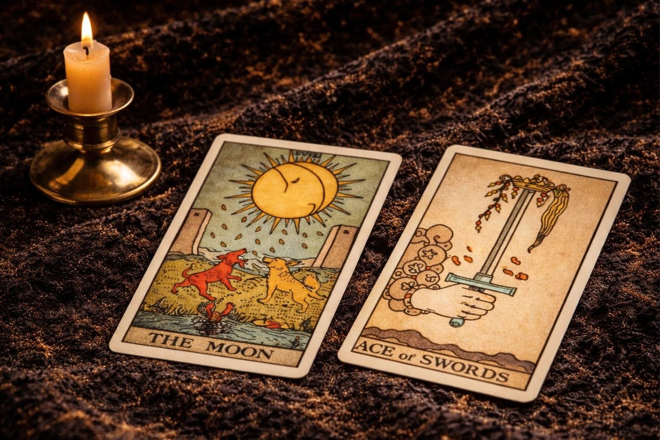 Mystic yes/no tarot scene with a single card about to be revealed